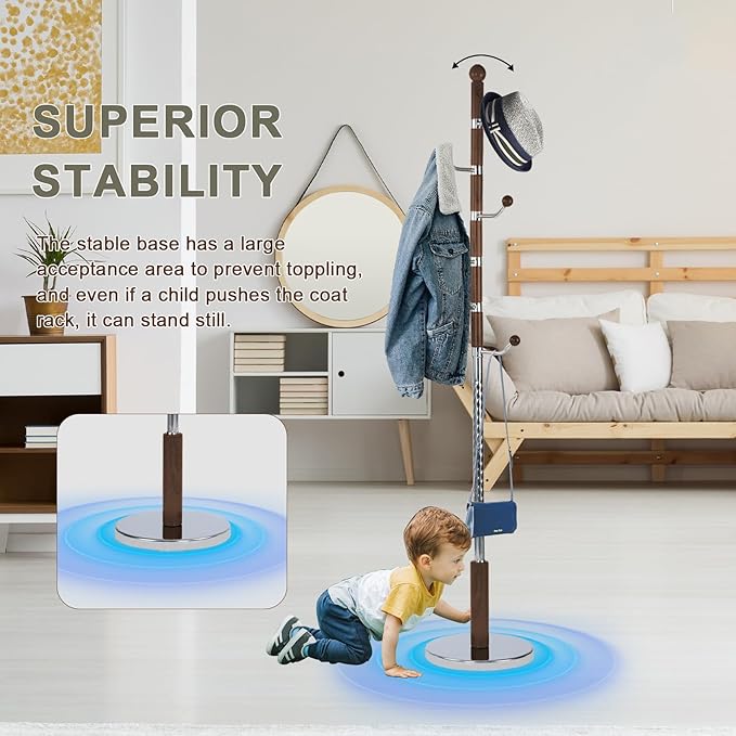 Wooden coat rack stand, Heavy duty coat racks tree freestanding with 6 Hooks and Sturdy Round Base, Coat tree for jacket,Hats, Bags, Purses, clothes (Round base-Walnut)
