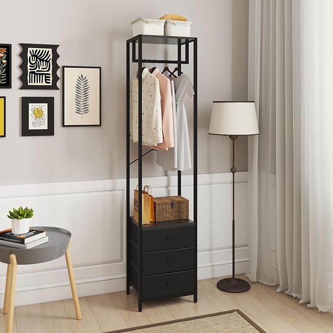 YMYNY Coat Racks, Clothes Rack with Drawers, Freestanding Tall Closet Organizer with 3 Fabric Drawers, Clothes Stand for Hanging Shirts, Coat,15.35" L×11.41" W×70.47" H, Black UHGR001B