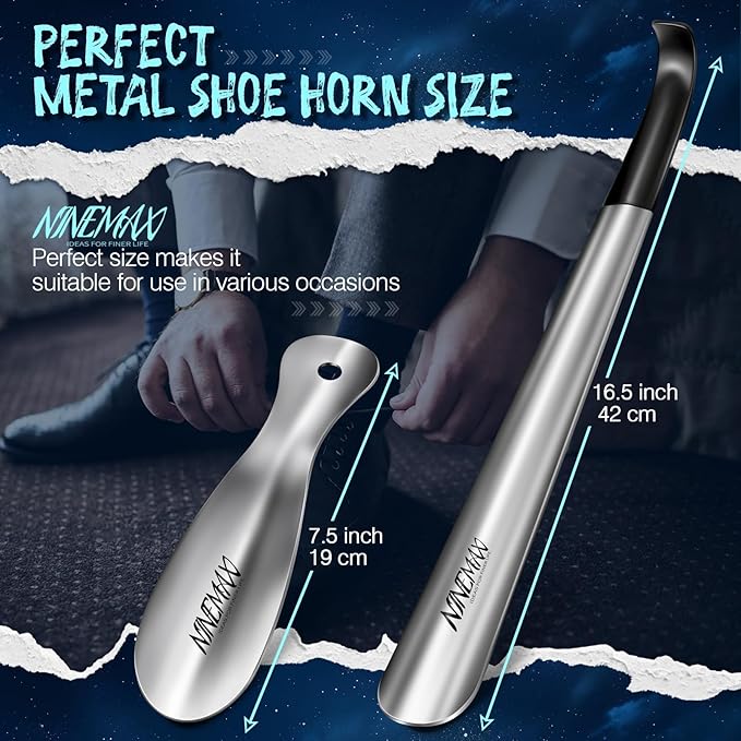 NINEMAX Extra Long Handle Shoe Horn (16.5") & (7.5") Travel Shoe Horns, 2 Pack Metal Shoe Horns for Seniors, Men, Women, Kids