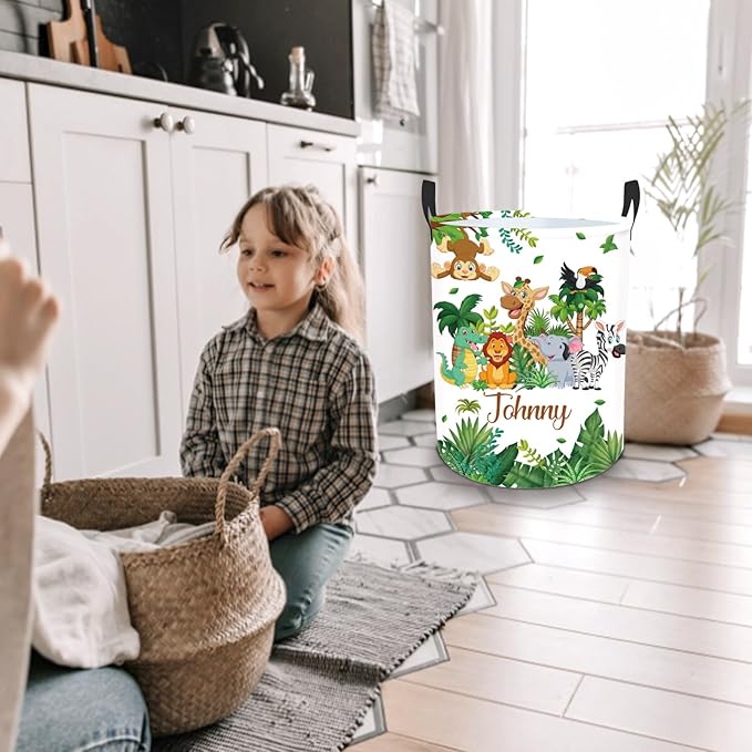 Personalized Name Baby Boys Hamper 2 Sizes, Custom Name Safari Animals Laundry Baskets for Toddler Kids Adults, Customize Baby Name Woodland Animals Print Storage Basket with Handles