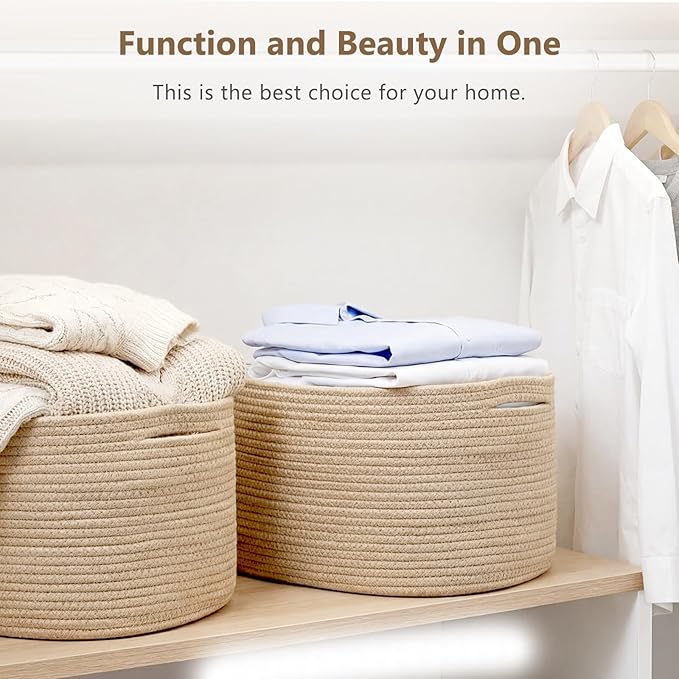 Cotton Rope Storage Basket, 15x10x9 Inches, Woven Basket for Shelves, Clothes, Towels, Books, and Laundry, Jute Brown (3 Pack)