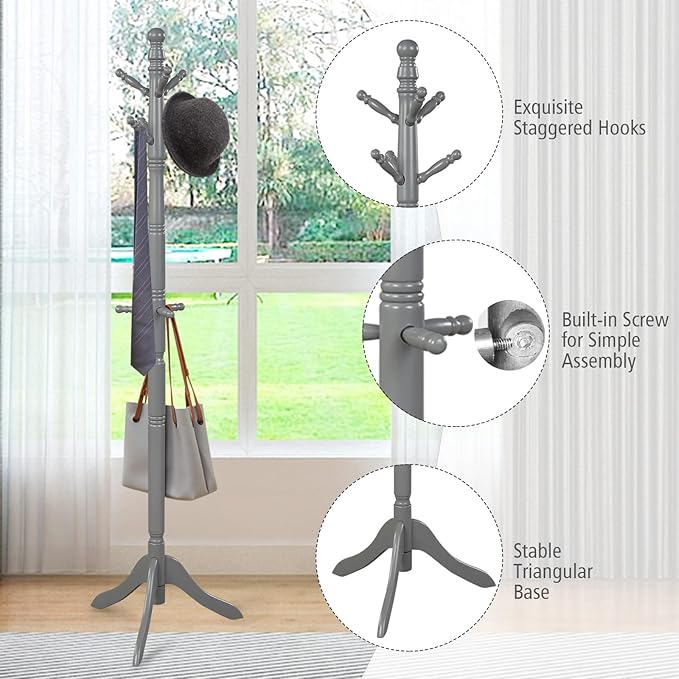 MEDIMALL Height Adjustable Coat Rack Freestanding, Rubber Wood Hall Tree, Entryway Coat Hanger Stand with 9 Hooks & Stable Tri-Legged Base For Home Office Entrance, Hat Stand, Gray