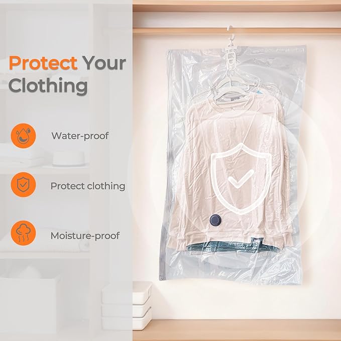 Hanging Vacuum Storage Bags 4 Pack Hanging Vacuum Seal Bags for Clothing Coat Storage Suit Bags, Hanging Plastic Clothes Cover for Coat Dress Fur Shirt Vacbird
