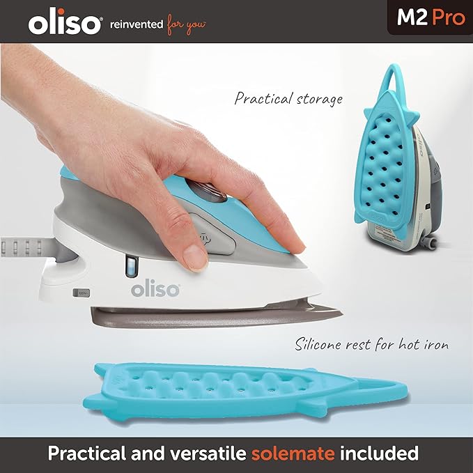 oliso M2Pro Mini Steam Iron with Solemate® – 1000 Watt Dual Voltage Travel Iron for Sewing, Quilting, and Crafting – Ceramic Soleplate, Precision Tip – Turquoise