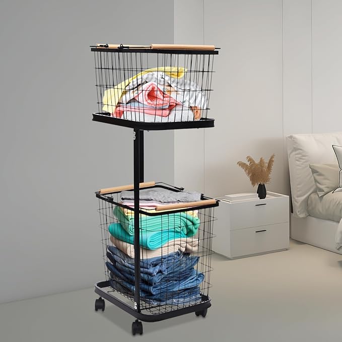Laundry Hamper, 2 Tiers Laundry Sorter,Vertical Rolling Laundry Cart,with 4 Universal Wheels,with 2 Pull-Out and Removable Shelf, Clothes Hamper with Divided Bag for Laundry Room,Bathroom, Dorm