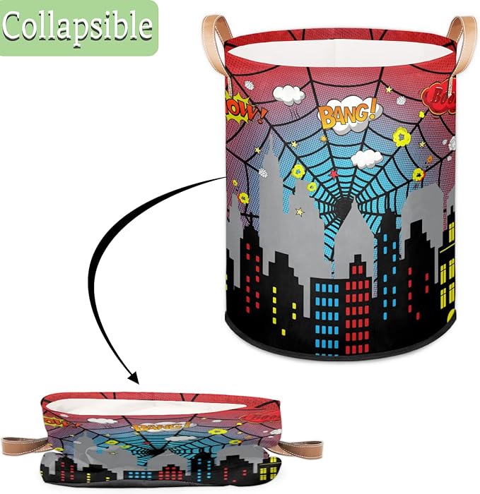 Dirty Clothes Hamper for Boys Laundry Basket City Skyline Spider Web Collapsible Large Round Storage Bin Organizer for Living Room Bedroom Playroom