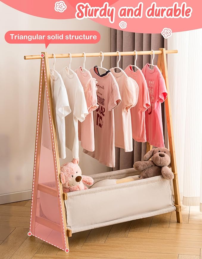 Kids Clothing Rack with Storage Box, Kids Dress Up Rack, Dance Costume Garment Rack for Hanging Clothes,Garment Rack for Hanging Clothes Organizer, Bamboo (Natural)