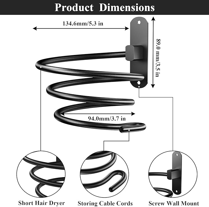 Tindbea Hair Dryer Holder, Matte Black Blow Dryer Holder Wall Mount, Bathroom Hair Tool Organizer Rack for Universal Dryer