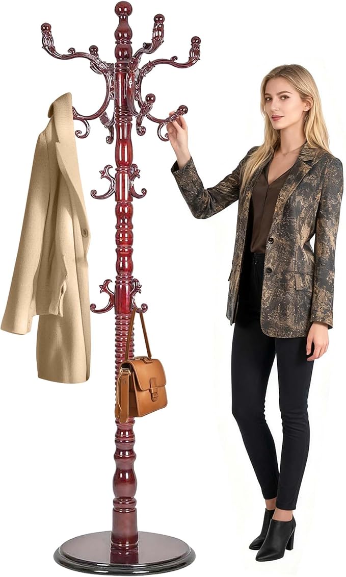 73" Wooden Coat Rack Freestanding, Coat Rack Stand With 18 Hooks And Round Solid Wood Base，Adjustable Height, Easy To Assemble For Entrance Hallway Office Living Room Bedroom
