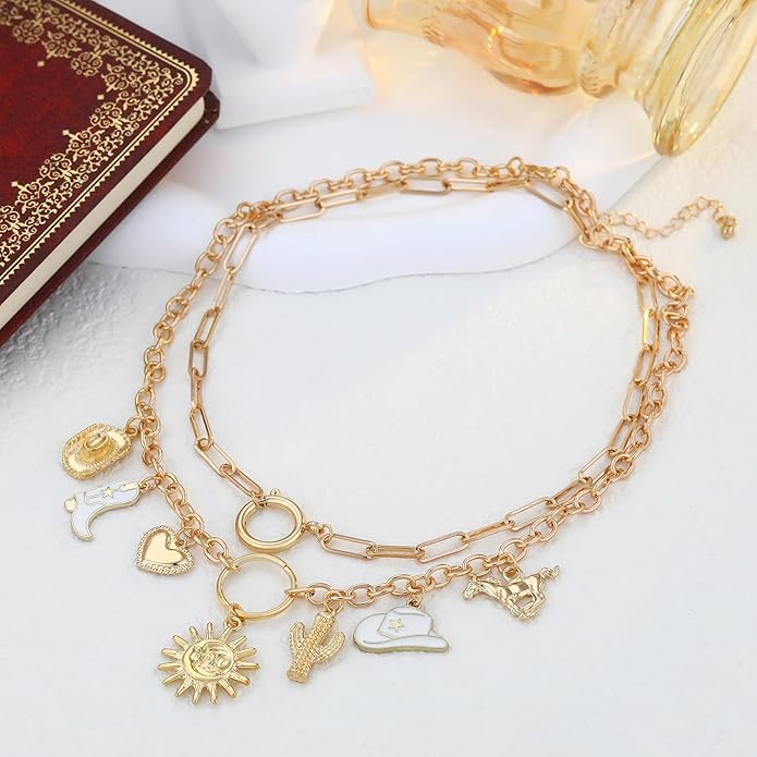Chunky Gold Necklace for Women Gold Evil Eye Cowboy Pendant Necklace Dainty Paperclip Chain Vintage Luck Amulet Choker Necklaces Celestial Jewelry Gift