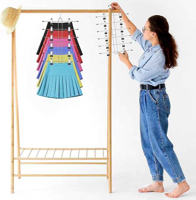 6 Tier Skirt Hangers Space Saving,4 Pack Pants Skirts Hangers with Clips for Women Closet,Non Slip Closet Organizer and Storage Multi Clothes Shorts Hanger Organization Dorm Room Essentials