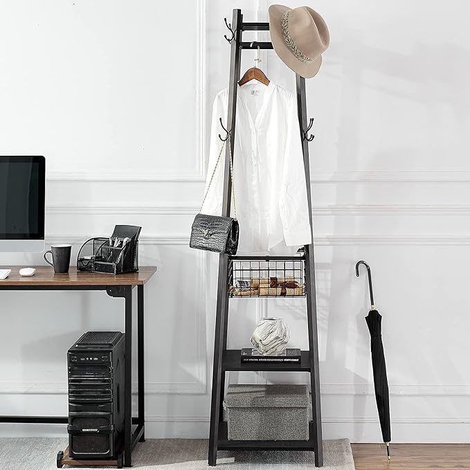 VECELO Coat Rack Freestanding,Hall Tree with Metal Basket and Storage Shelves,Industrial Coat Rack Stand with 8 Hooks for Hanging Coats/Hats/Bags/Umbrellas,18 x 18 x 72 In,Matte Black