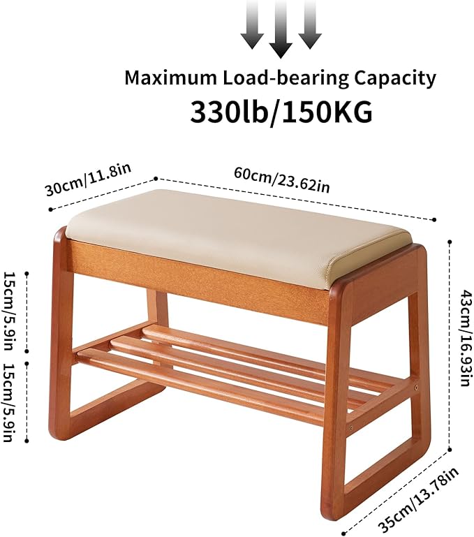 Wood Shoe Bench with Flip-Top Storage, 2-Tier Entryway Shoe Bench, 23.62in Shoe Rack with Cushion for Living Room, Cherry Wood Color YD-WD060C