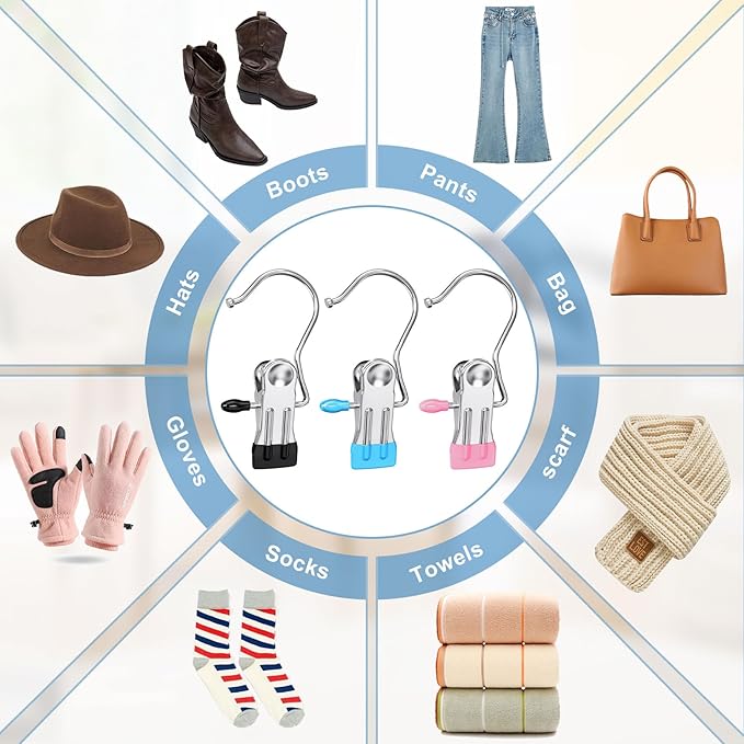 Boot Hangers Clips for Closet, Laundry Hooks Hanging Clips Clothes Pins Boot Holder Clips Space Saving Portable for Travel Tall Boots Socks Towel Jeans Hats (12, Multi)