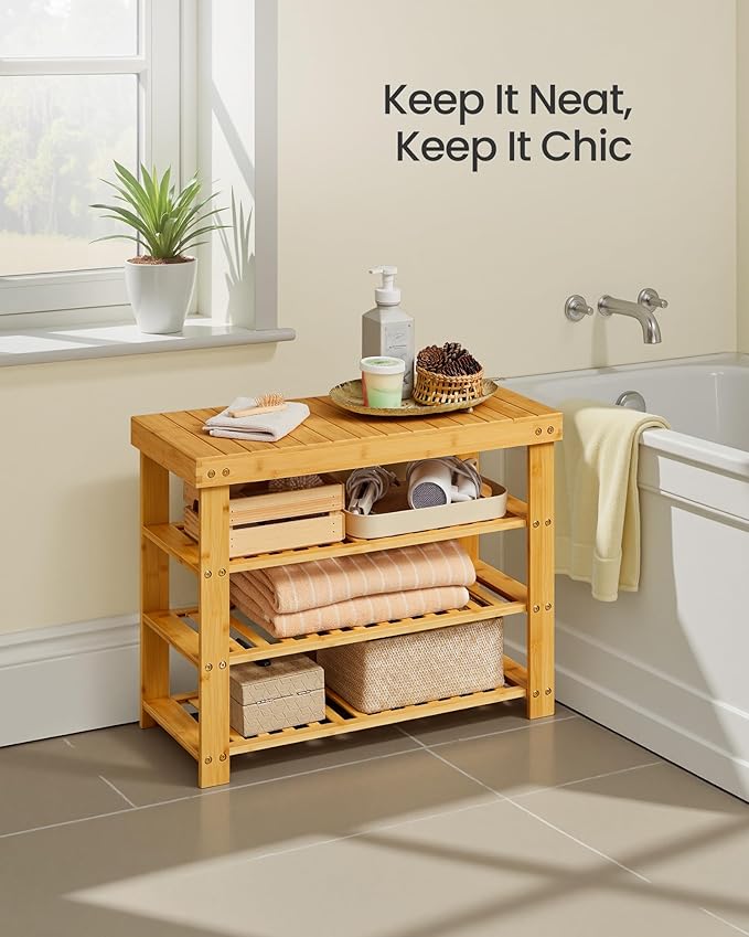 SONGMICS Shoe Rack Bench, 4 Tier Bamboo Shoe Storage Organizer, Entryway Bench, for Living Room, Bathroom, Bedroom, 11.3 x 27.6 x 20.5 Inches, Light Bamboo ULBS370YL01