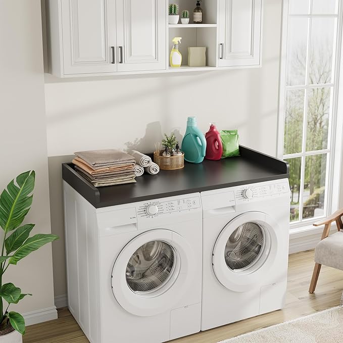 Washer Dryer Countertop, 27.5" D x 54" W x 3.2" H, Countertop for Washer and Dryer with Non-Slip Pads and Round Corner Edge Rails, Laundry Room Organization(Black)