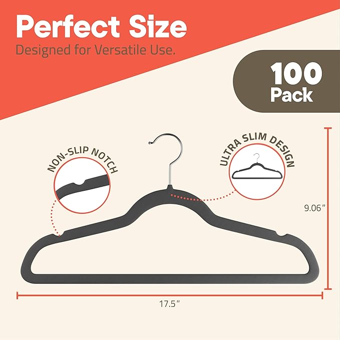Gray Velvet Hangers 100 Pack – 360° Swivel Hook, Non-Slip and Space Saving Hangers, Heavy-Duty 11 lbs Weight Capacity - Smooth Velvet Finish for Crease-Free Clothes and Effortless Closet Organization