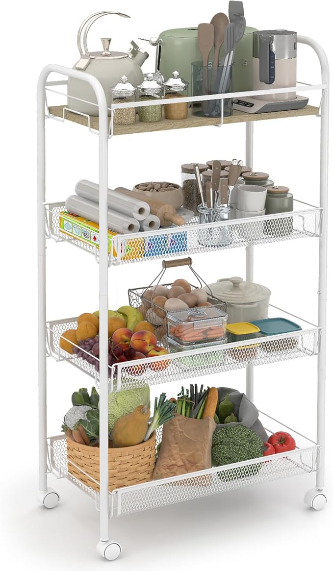 Sekey 4 Tier Rolling Cart Metal, Slim Storage Cart for Kitchen, Mobile Utility Cart with Wooden Top, Narrow Organizers and Storage with Universal Wheels, for Small Space, Bathroom, Laundry Room, White
