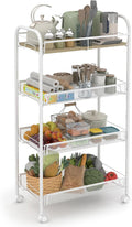 Sekey 4 Tier Rolling Cart Metal, Slim Storage Cart for Kitchen, Mobile Utility Cart with Wooden Top, Narrow Organizers and Storage with Universal Wheels, for Small Space, Bathroom, Laundry Room, White
