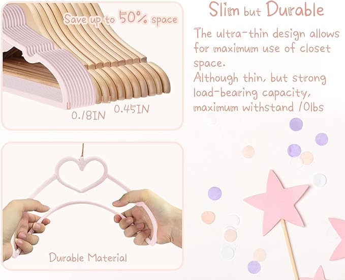 OneDream Pink Velvet Baby Hangers - 30 Pack 11inch Heart Toddler Hangers with 10pcs Clips, Non-Slip Strong and Durable Baby Clothes Hangers Without Slipping, Ultra Slim and Stackable Space Saving