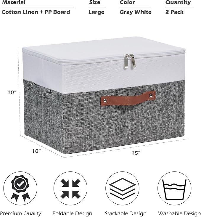 2 Pack Storage Boxes with Zipper Lid Cotton Linen Fabric Lidded Storage Bins Baskets Foldable Washable Closet Shelf Clothes Organizer Container Faux Leather Handles (Gray White, Large)