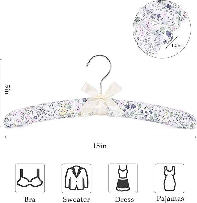 NEOVIVA Padded Hangers for Women Clothing, Floral Padded Clothes Hangers for Women, No Shoulder Bump Hangers for Adult, Padded Clothes Hangers for Women Sweaters, Dresses, Suits (Pack of 5)