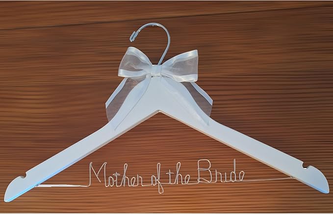 Mother of the Bride - Mother of the Groom Wedding Dress Hanger Silver or Gold Sturdy Wire, Quality Dark or White Wood Hanger with Notches - Your Choice of 10 Bow Colors Gift