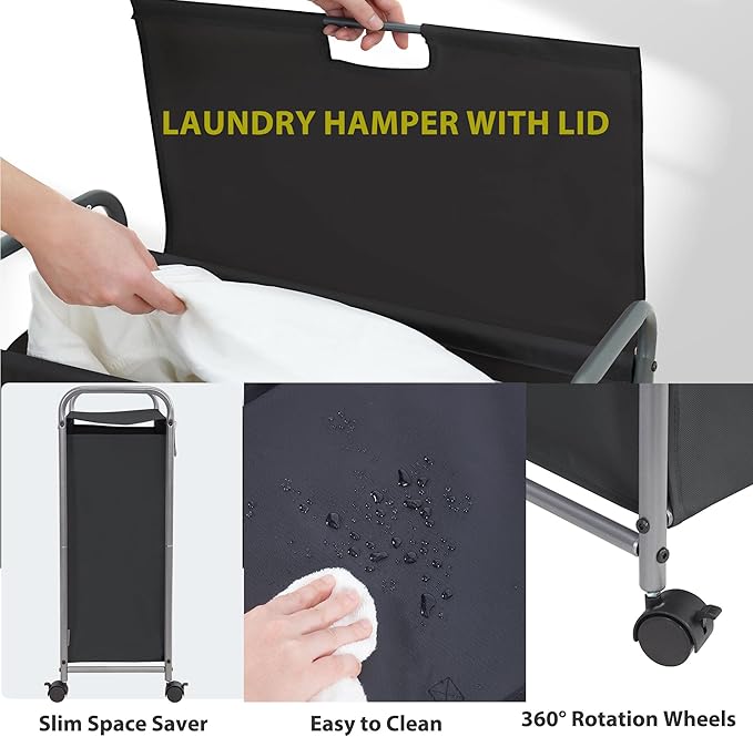 Rolling Laundry Hamper with Lid, 85L Slim Laundry Sorter with Wheels, Laundry Basket with Lid, Dirty Cloth Laundry Cart Organizer Storage for Small Place Bathroom, Bedroom, Black