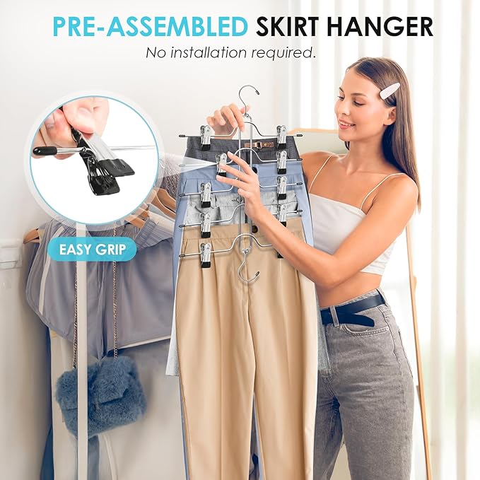 Skirt Hangers Space Saving for Woman, Jadkysarh 5 Tier Pants Organizer Hanger with Adjustable Clips Closet Organizer and Storage for Jeans, Leggings, Short - 2 Pack, Black