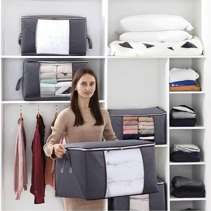 6 Pack 60L/90L Extra Large Moving Bags Comforter and Blanket Storage Bins With Lids Foldable Storage Bags For Clothing, Blanket, Comforters, Bed Sheets, Pillows