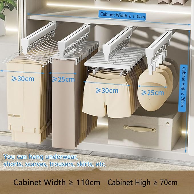 Closet Clothes Hanger Rail Organizer, Pull-Out Wardrobe Rod for Closet Organization (White, 40cm/15.75)