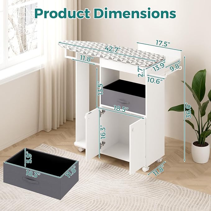 Rolling Ironing Board with Storage Cabinet, Wooden Ironing Board Cabinet with Drawer, Compact Space-Saving Ironing Table with Iron Rest Rack for Laundry Room, Living Room (One Size, Geometric)