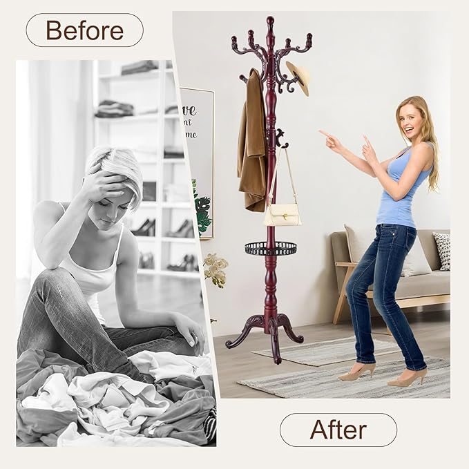 Wooden coat rack stand, Heavy duty coat racks tree freestanding with storage basket, Coat tree for jacket,Hats, Bags, Purses, clothes (Triangular base-Redwood 1)