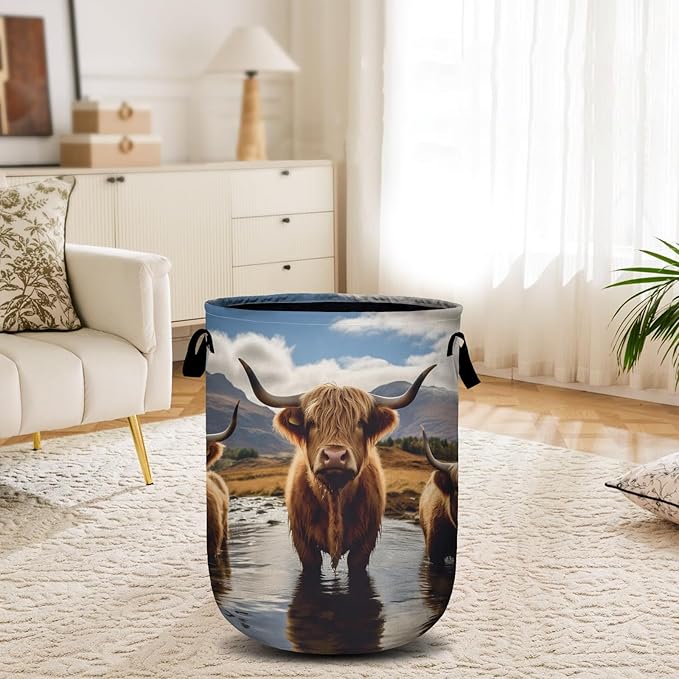 Scottish Highland Cattle Laundry Basket, Laundry Hamper Collapsible Oxford Cloth with Handle Clothes Toy Storage Bin for Bathroom Laundry Room Bedroom 15.7 X 20 Inch