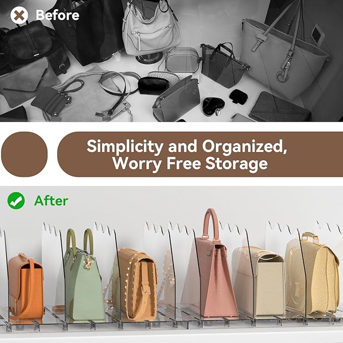 SOYO Adjustable Clear Purse Organizers for Closet, Acrylic Shelf Divider for Bag and Purse Storage, Pocketbook and Handbag Organizer, Bookshelf Separator Organizers for House, Office Use, Clear，2pc