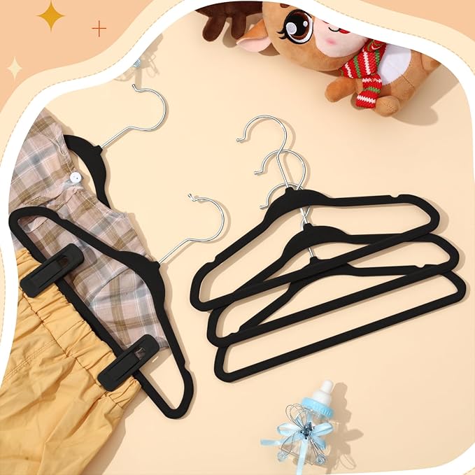 Soaoo 50 Pack Premium Baby Velvet Hangers with Adjustable 100 Clips, Non Slip 11 Inch Slim Kids Closet Organizer for Pants, Dresses & Matching Outfits, Nursery & Toddler Wardrobe (Black)