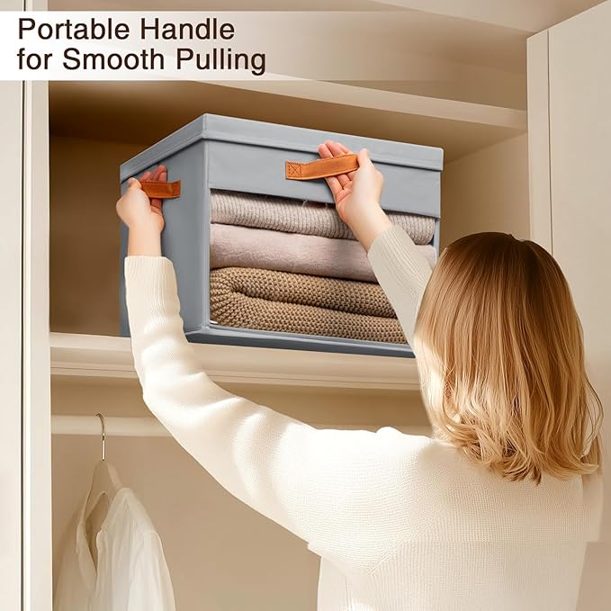Large Storage Bins with Lids - 3 Pack Foldable Decorative Organizers with Clear Windows & Handles, Cube Storage Organizers for Clothes, Blankets, Sweaters, Sheets, Grey