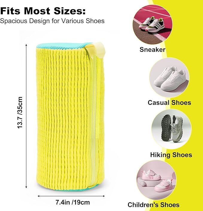 Shoe Washing Machine Bag - Shoe Laundry Bag for Washer and Dryer, Reusable 2 Pack, 360° Deep Cleaning, Self-Locking Zipper, Fits All Sneakers & Tennis Shoes - Yellow