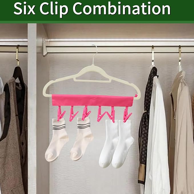 Travel Hangers for Cruise & Hotel – Foldable and Magnetic Clothes Line with Sock Drying Rack – Perfect for Traveling and Compact Storage，Hanger with 6 Clips Pack of 3（Red, Blue, Rose red）