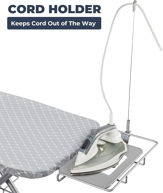 STO STO Ironing Board 48" x 18" with Iron Holder, Cord Holder and Clothes Rack, Adjustable Height 27" to 37", Full Size Foldable Iron Board with Silver Coated Cotton Removable Cover, Gray Checkered