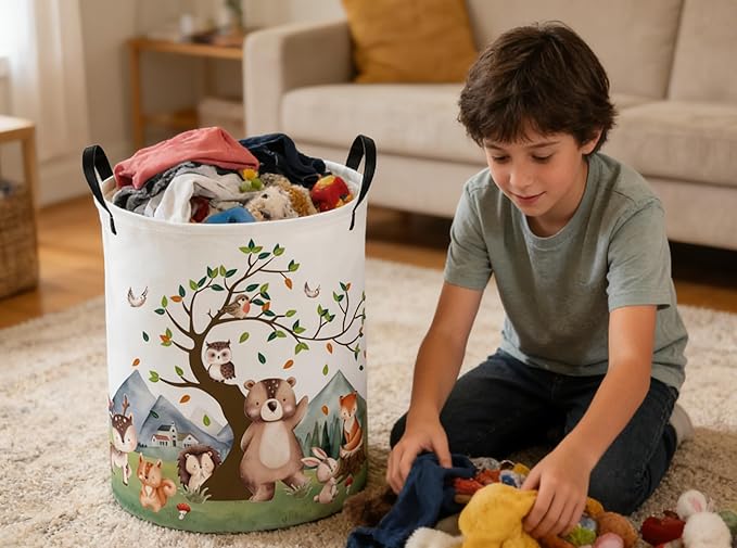 Kids Laundry Basket Animal Hamper for Nursery Woodland Hamper Cute Kids Storage Bin Organizer Room Decor for Home(Tree animal)