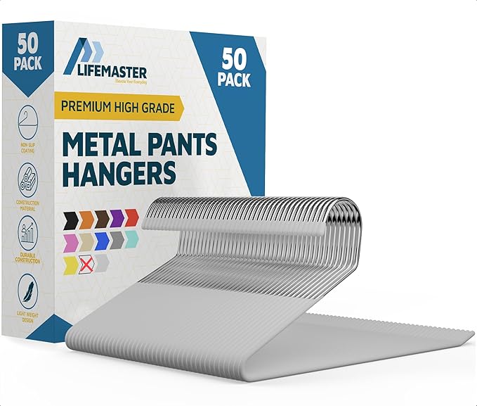 Lifemaster Metal Pants Hanger Set - 50 Pieces Elegant Non-Slip Closet Space Saving Hanger Set for Pants, Trouser, Blankets, and Jeans with Open Ended Sleek Design - White