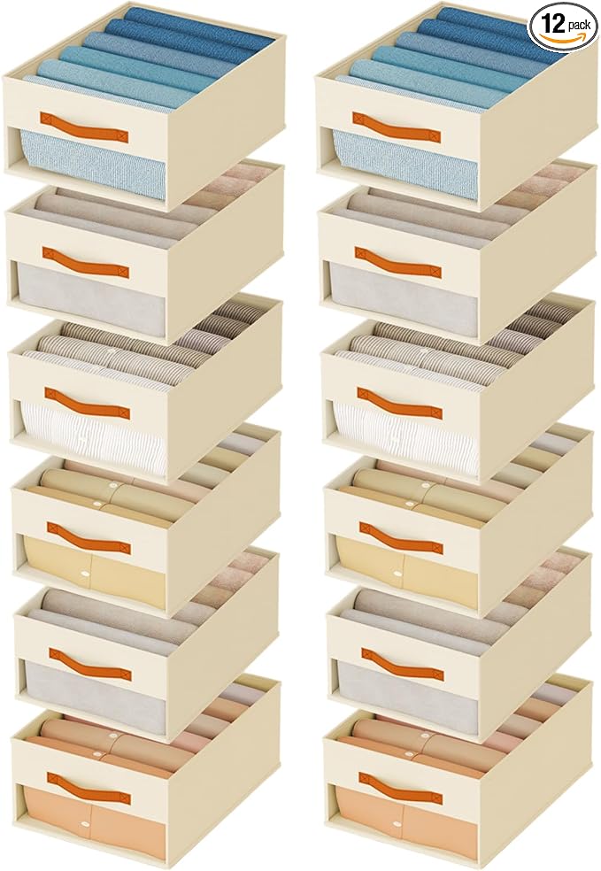 Drawer Organizers and Storage - 12 Pack Foldable Pants Organizer with Clear Window & Handles, Fabric Closet Organizer for Clothes, Jeans, Sweaters, Towels, T-shirt, Scarf (Beige)