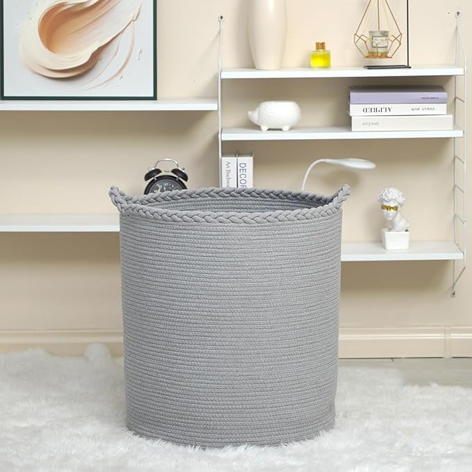 90L Oversize Woven Laundry Basket,Cotton Tall Laundry Hamper for Blankets,Clothes,Pillows,Toys,Shoes Large Laundry Bin Grey