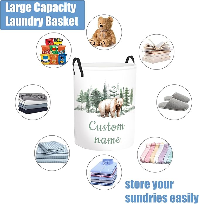 Personalized Woodland Bear Laundry Basket for Kids, Custom Name Baby Laundry Hamper for Nursery, Customize Baby Name Laundry Basket, Waterproof Storage Organizer 2 Sizes