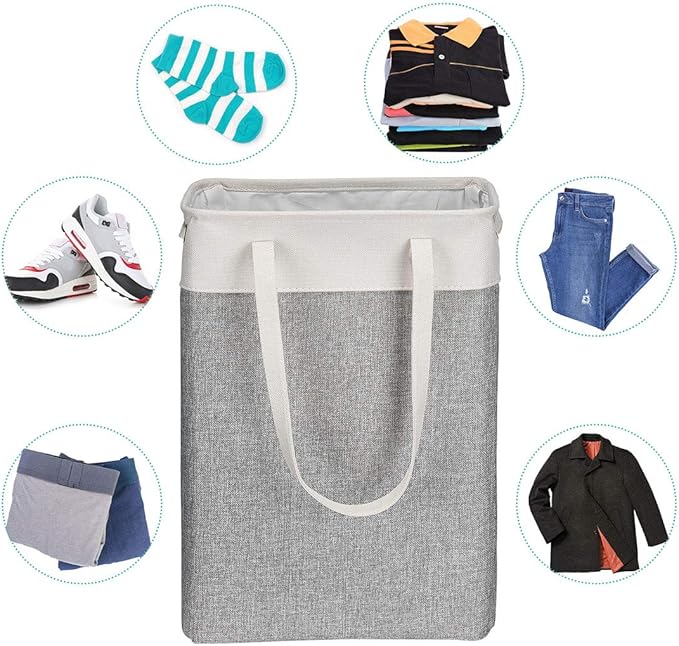 i BKGOO Laundry Basket with Handles Beige&Grey-Slim Laundry Bin Collapsible Dirty Clothes Basket Narrow Laundry Bag Foldable Dirty Hamper for Camping, Dorms, Apartments