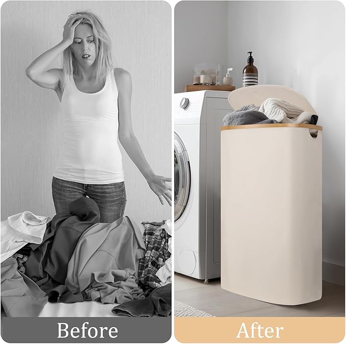 Laundry Hamper with Lid, 100L Clothes Hampers for Laundry with Bamboo Handles and A Removable Bag, Fordable laundry Basket with Lid for Bathroom, Bedroom, Dorm, Laundry Room