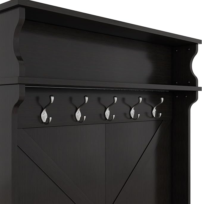 Modern 47'' Wide Hall Tree with Top Shelf and Storage Bench, Hallway Shoe Cabinet with Sliding Doors, Coat Rack with 5 Hanging Hooks for Entryways Hallways (Black-8.18)