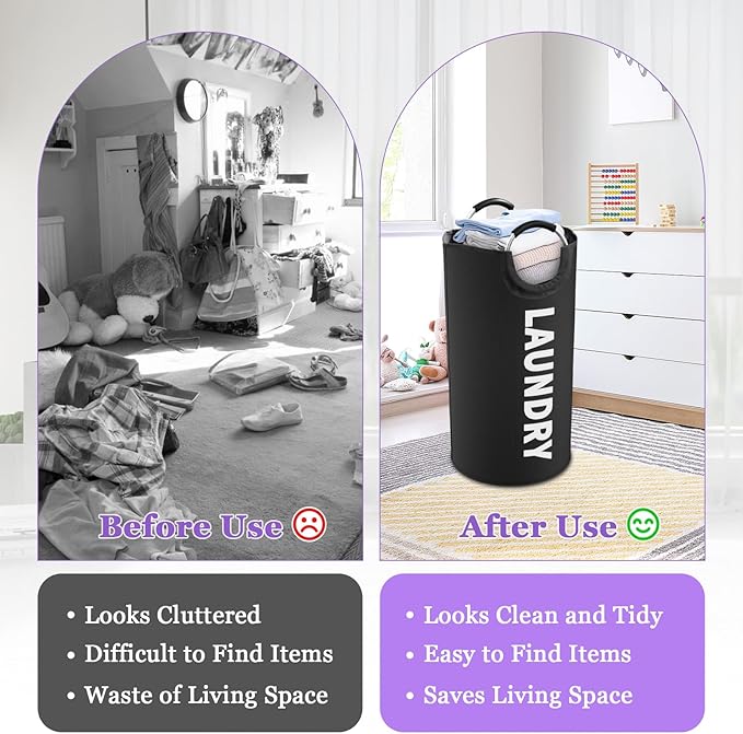 95L Large Laundry Hamper for Adult, Foldable Black Laundry Basket with Soft Handles, Freestanding Dirty Clothes Hampers, Portable Laundry Bin for Flat, Bathroom, Black