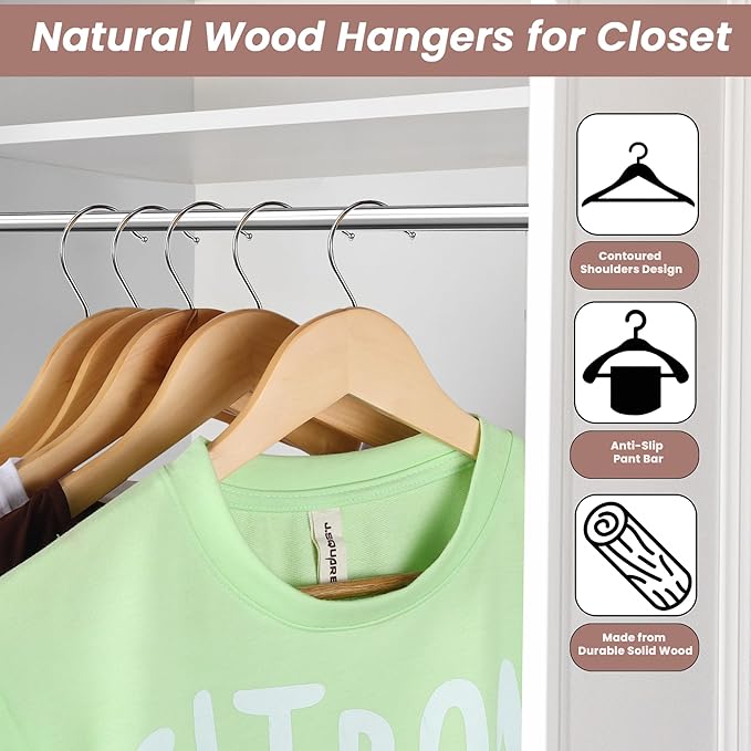 Wooden Hangers Premium Natural Bamboo Wood Hanger Well Polished Ergonomic Design & Sharply Cut Notches with Swivel Hook (Light Brown, Pack of 20)